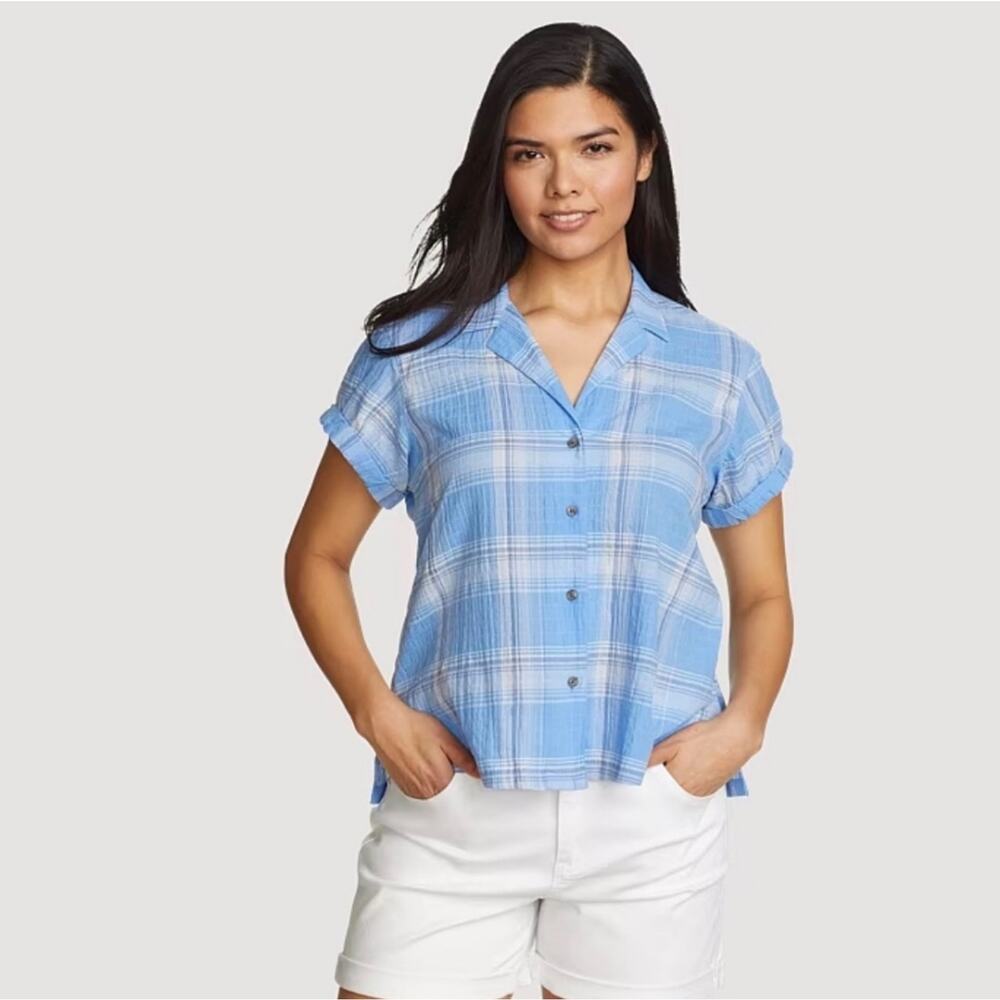 new with tag Eddie Bauer Light Blue Plaid Button Down Shirt retails for $76